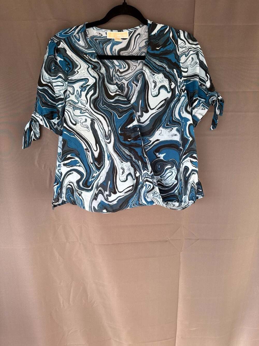 Michael Michael Kors Blue Marble Swirl Wrap Blouse with Tie Sleeves Size L